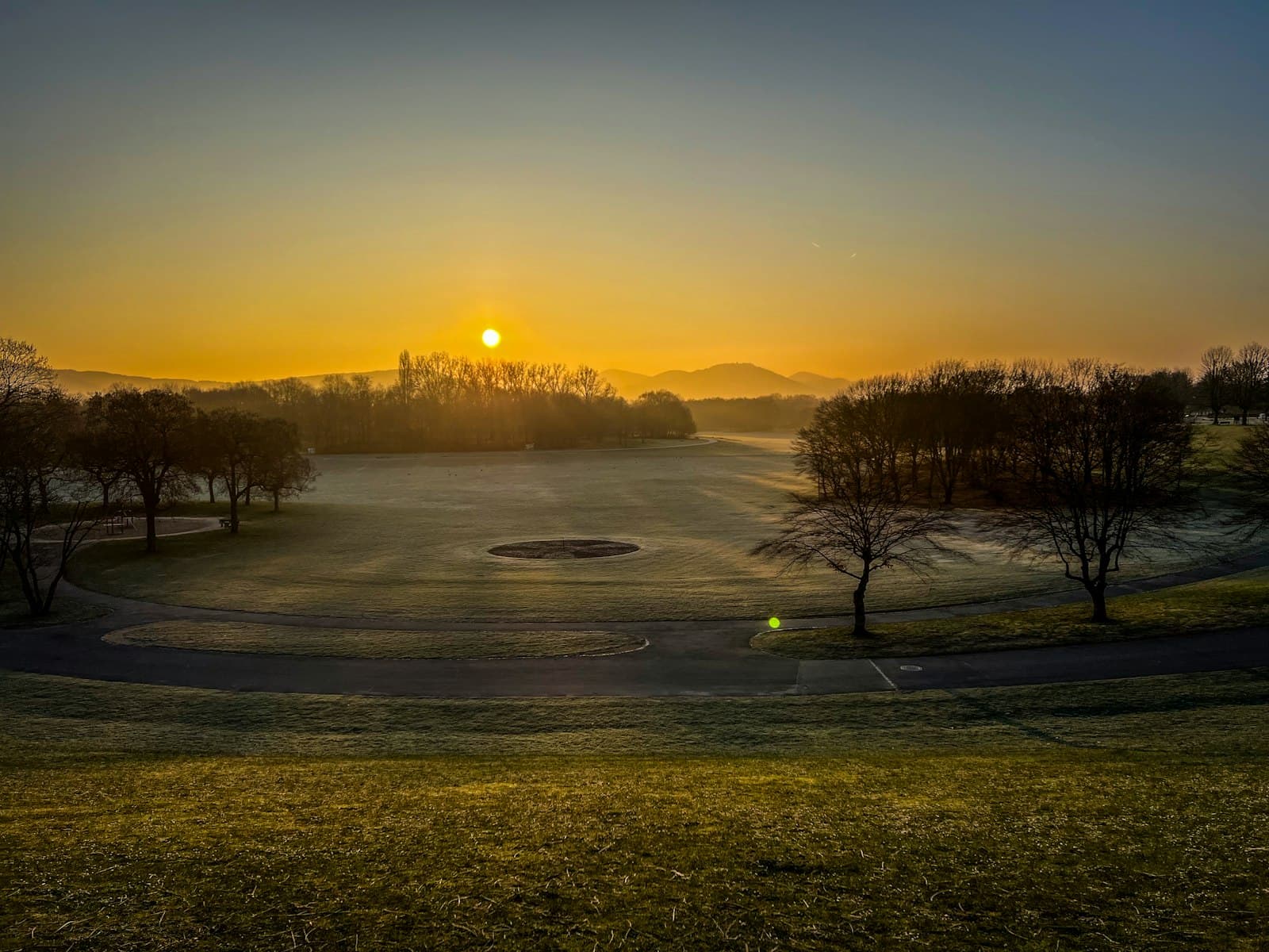 Championship golf course at golden hour